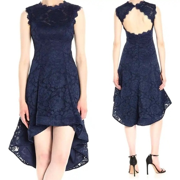 Betsy & Adam Black Lace High-Low‎ Dress 8 Scalloped Eyelash Cutout Open Back 8 - Picture 1 of 10
